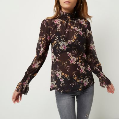 Black floral sheer mesh blouse